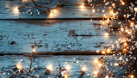 Christmas lights on white wooden table background top view daylightの素材
