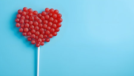 Valentine day concept with broken red lollipop heart on pastel blue background top view. Flat lay greeting card.の素材
