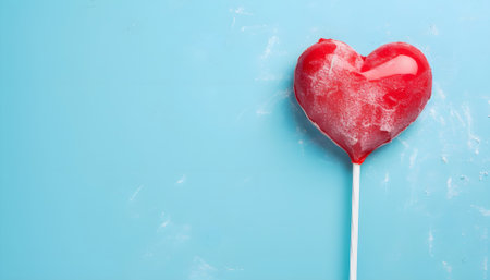 Valentine day concept with broken red lollipop heart on pastel blue background top view. Flat lay greeting card.の素材