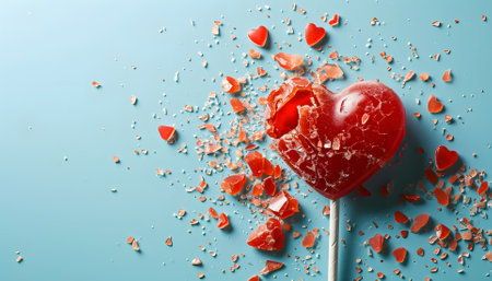 Valentine day concept with broken red lollipop heart on pastel blue background top view. Flat lay greeting card.の素材
