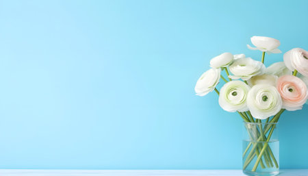 Beautiful spring ranunculus flowers in vase on pastel blue background. Greeting card for International Women Dayの素材