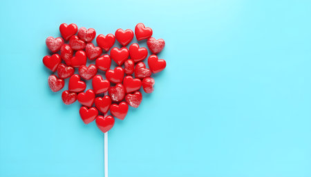 Valentine day concept with broken red lollipop heart on pastel blue background top view. Flat lay greeting card.の素材