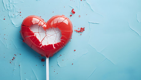 Valentine day concept with broken red lollipop heart on pastel blue background top view. Flat lay greeting card.の素材