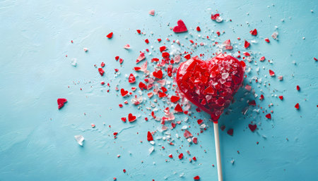 Valentine day concept with broken red lollipop heart on pastel blue background top view. Flat lay greeting card.の素材