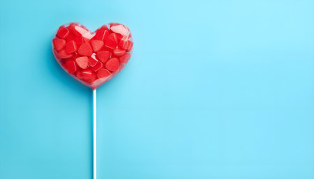 Valentine day concept with broken red lollipop heart on pastel blue background top view. Flat lay greeting card.の素材