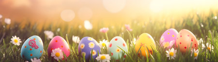 colorful Easter eggs in green grass and flowers over nature blurred bokeh background daylight, holiday Easter bannerの素材