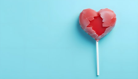 Valentine day concept with broken red lollipop heart on pastel blue background top view. Flat lay greeting card.の素材