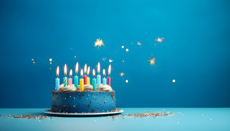 birthday cake with many birthday candles on a blue backgroundの素材