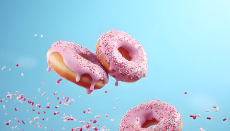Flying pink sprinkled donuts. Sweet doughnut on pastel blue backgroundの素材