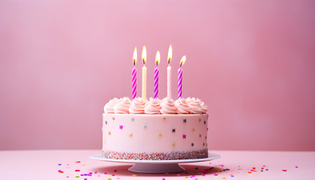 birthday cake with many birthday candles on pink backgroundの素材