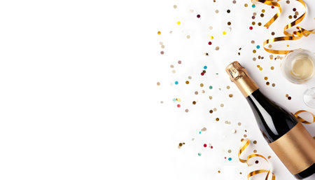 Champagne bottle with confetti stars and party streamers on white festive background. Christmas, birthday or wedding conceptの素材