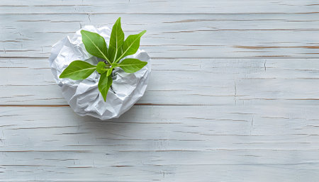 Eco, zero waste, plastic free and saving energy minimal concept from crumpled ball of paper and green sprout plant, which growing from this crumpled ball on white wooden table flat lay top viewの素材