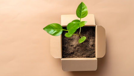 Eco, zero waste, plastic free and saving energy minimal concept from sprout with green leaves growing from recycled cardboard box and craft packages top viewの素材