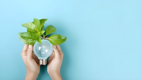 Green eco friendly lightbulb from fresh leaves top view. Energy saving, ecology and environment sustainable resources conservation conceptの素材