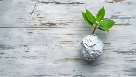 Eco, zero waste, plastic free and saving energy minimal concept from crumpled ball of paper and green sprout plant, which growing from this crumpled ball on white wooden table flat lay top viewの素材