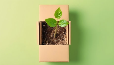 Eco, zero waste, plastic free and saving energy minimal concept from sprout with green leaves growing from recycled cardboard box and craft packages top viewの素材