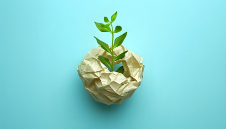 Eco, zero waste, plastic free and saving energy minimal concept from sprout with blue leaves growing from recycled craft paper top view.の素材