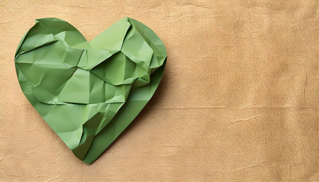 crumpled paper in the shape of a green heart on a beige cardboard backgroundの素材