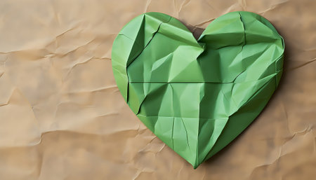 crumpled paper in the shape of a green heart on a beige cardboard backgroundの素材