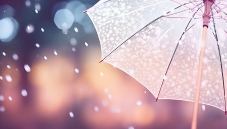 Transparent umbrella under rain against water drops splash background. Rainy weather conceptの素材