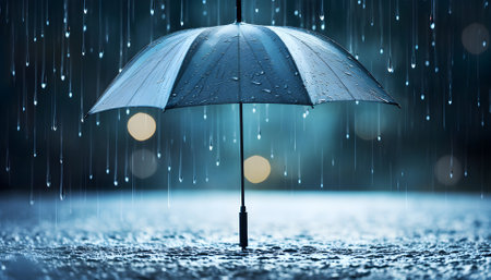 Transparent umbrella under rain against water drops splash background. Rainy weather conceptの素材