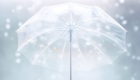 Transparent umbrella under rain against water drops splash background. Rainy weather conceptの素材