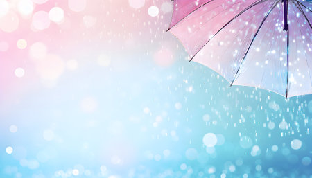Transparent umbrella under rain against water drops splash background. Rainy weather conceptの素材