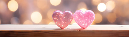 hearts on a table in front of a bokeh effect background banner for valentine day holiday cardの素材