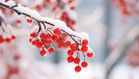 Nature landscape of red berries cluster covered with snow in morning. Cold winter sceneの素材