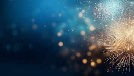 Gold and blue Fireworks and bokeh in New Year eve and copy space. Abstract background holidayの素材