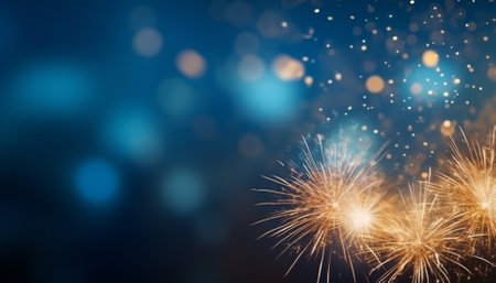 Gold and blue Fireworks and bokeh in New Year eve and copy space. Abstract background holidayの素材