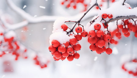 Nature landscape of red berries cluster covered with snow in morning. Cold winter sceneの素材