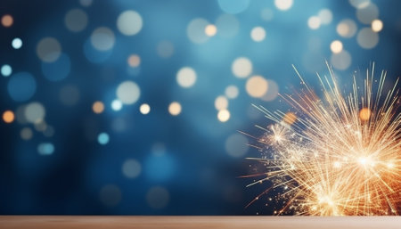 Gold and blue Fireworks and bokeh in New Year eve and copy space. Abstract background holidayの素材