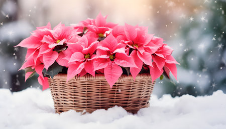 Basket with pink poinsettia flowers on snowy nature blurred backgroundの素材