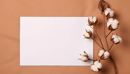 Cotton branch with empty blank paper sheet card top view. Minimal composition from natural cotton flowers for design, blogging or branding in flat lay styleの素材