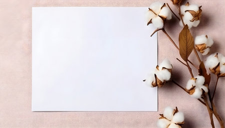 Cotton branch with empty blank paper sheet card top view. Minimal composition from natural cotton flowers for design, blogging or branding in flat lay styleの素材