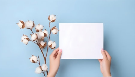 Cotton branch with woman hands holding empty blank card. Minimal composition from natural cotton flowers for design, blogging or branding in flat lay styleの素材