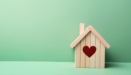 Wooden small house with red heart for happy family. Real estate, sweet home, investment, mortgage and buy new property conceptの素材