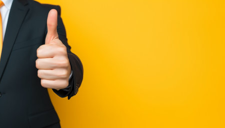 Businessman hand thumb up on yellow punched paperの素材