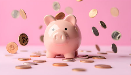 Coins falling to pink piggy bank saving on pink pastel backgroundの素材