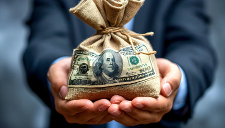 Businessman holding money bag with USD dollar sign for give dividend return profit from investment funding and stock market , Financial and accounting conceptの素材