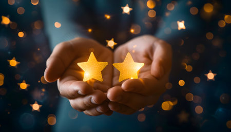 Businessman holding five glowing golden stars for excellent evaluation survey after client use product and service from customer satisfaction conceptの素材