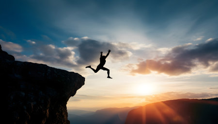 Silhouette man jumping over cliffs for I can do it , good mindset by never give up conceptの素材