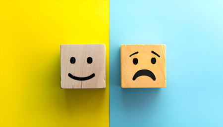 Smile face and sad face on wooden block cubes for positive mindset selection conceptの素材