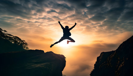 Silhouette man jumping over cliffs for I can do it , good mindset by never give up conceptの素材