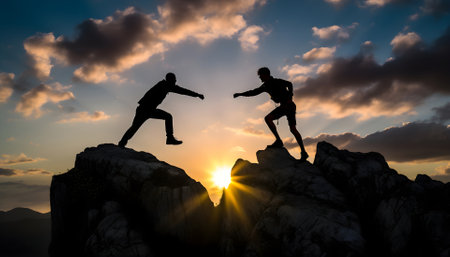 Silhouette man jumping over cliffs for I can do it , good mindset by never give up conceptの素材
