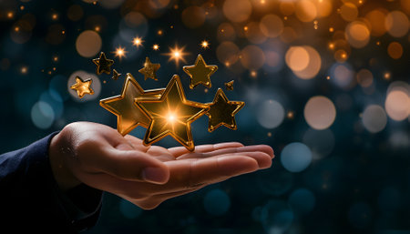 Businessman holding five glowing golden stars for excellent evaluation survey after client use product and service from customer satisfaction conceptの素材