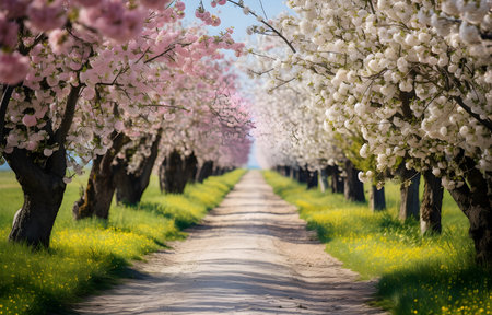 Beautiful alley with blossom apple trees spring dayの素材