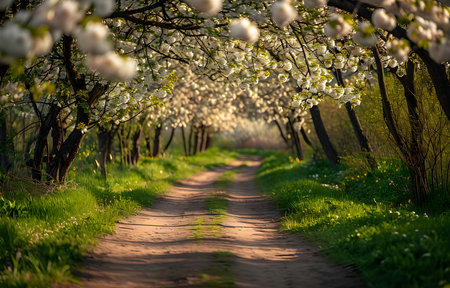 Beautiful alley with blossom apple trees spring dayの素材