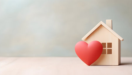 Wooden small house with red heart for happy family. Real estate, sweet home, investment, mortgage and buy new property conceptの素材